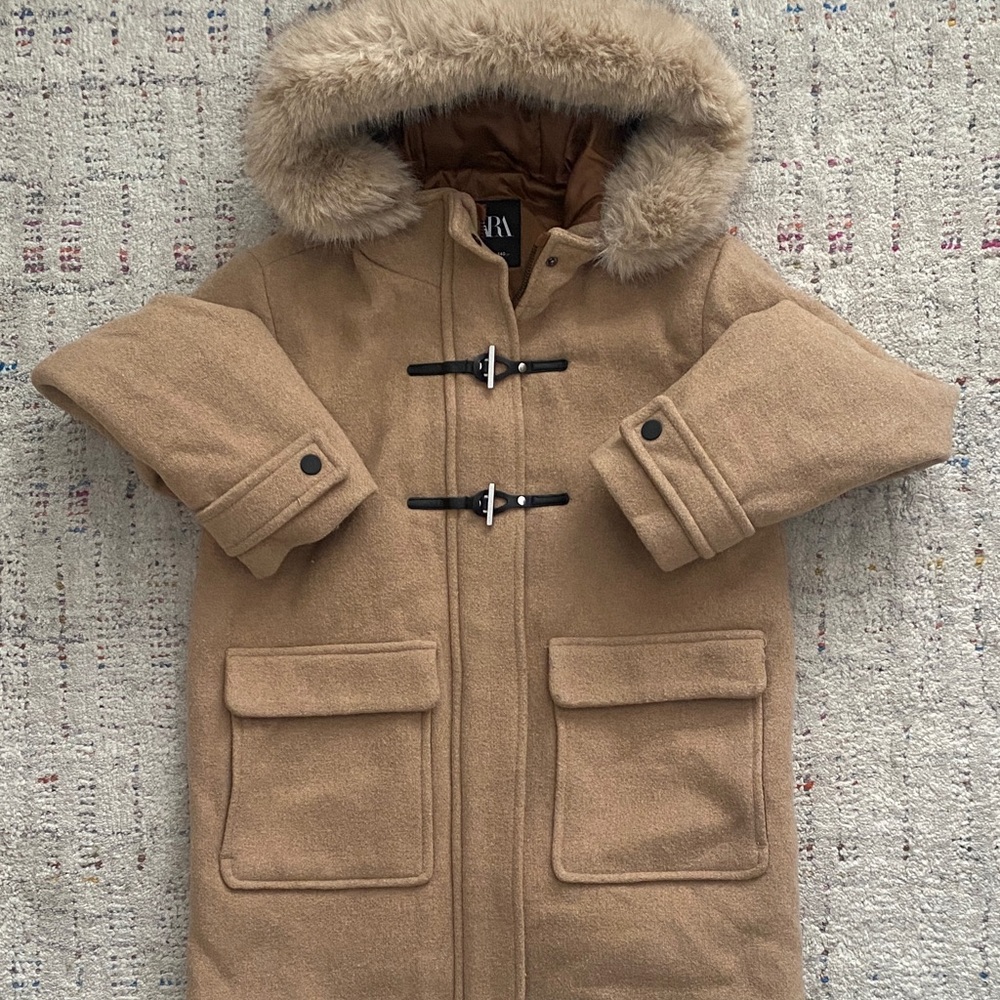 Zara Kids Brown Tan Toggle Coat with Faux Fur Hood size 9 10